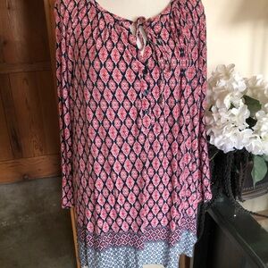 Avenue Red and Blue Long Sleeve Tie Front Blouse